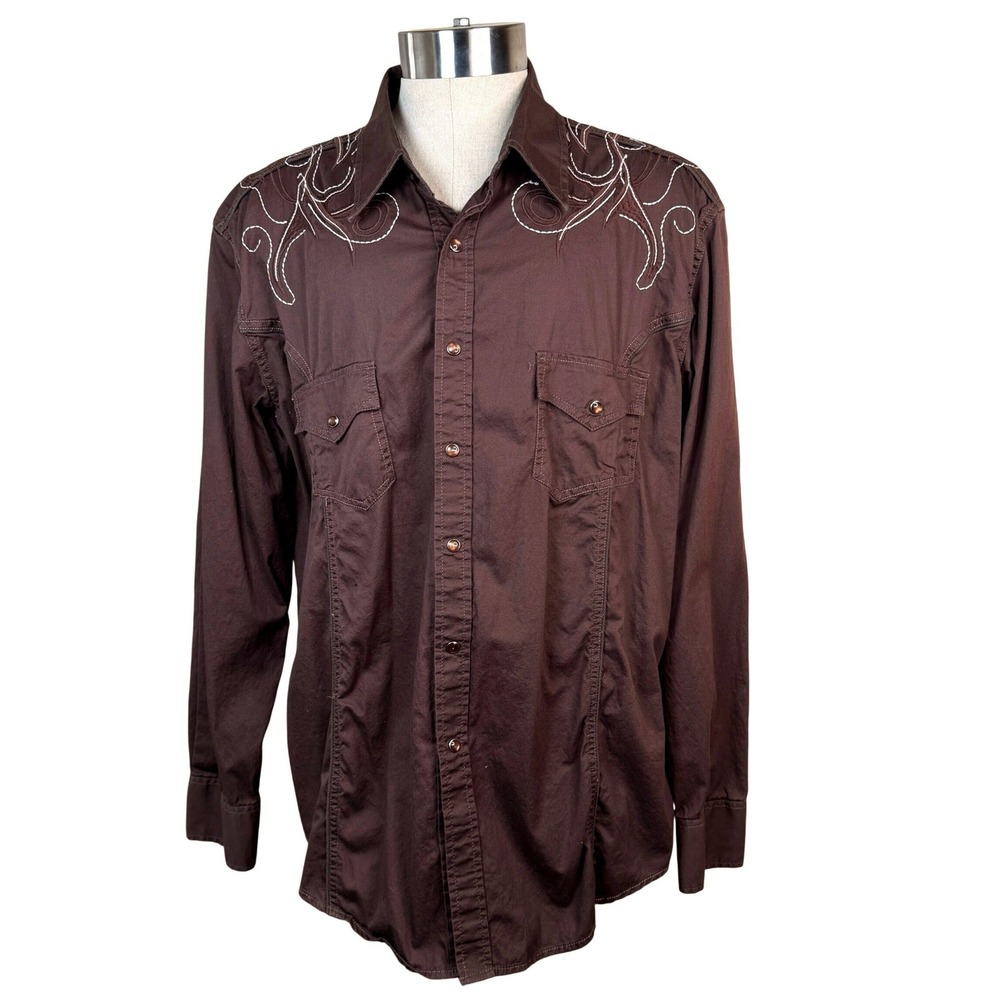 Rock & Roll Cowboy Mens XL Brown Embroidered Pearl Snap Western Shirt B2S3027